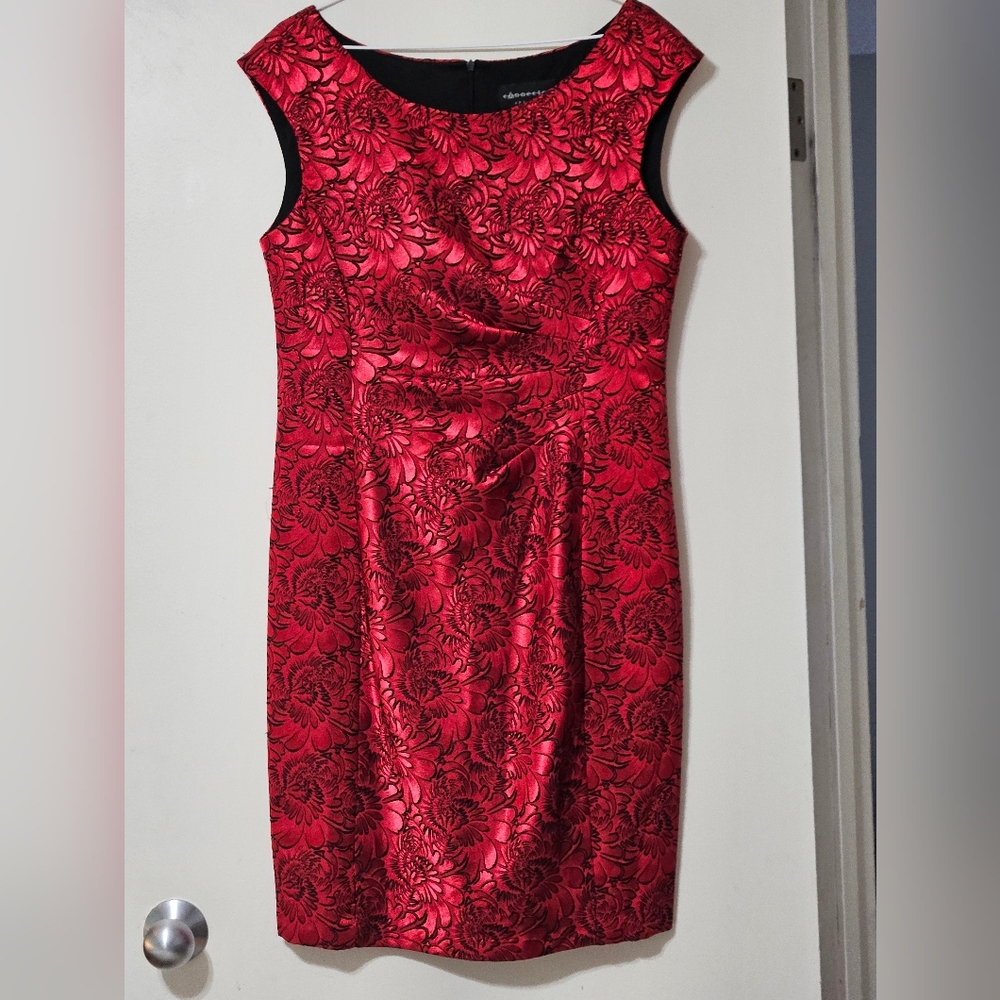 Connected Apparel Red Metallic Brocade Floral Ruched Dress Size 12 Statement